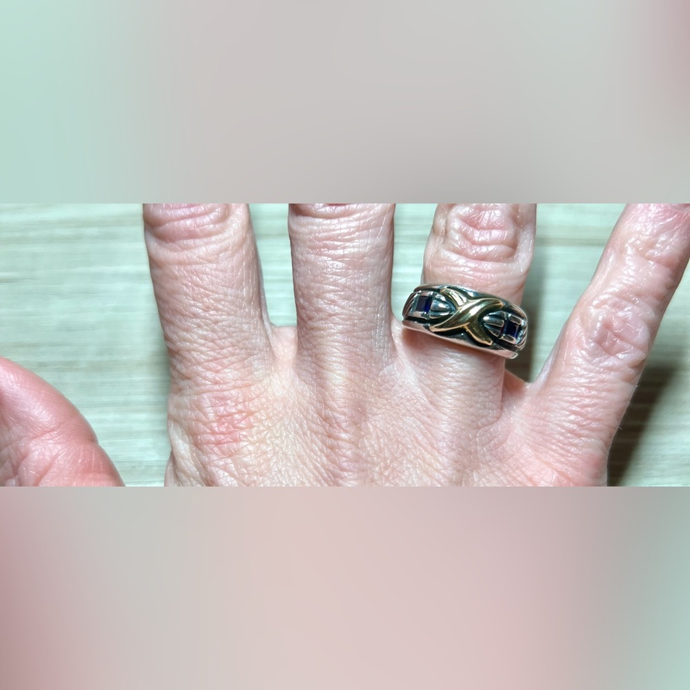 Designer Signed AZ Sterling Silver & 18k Yellow Gold Sapphire Ring, Size 6.5 - Picture 10 of 12